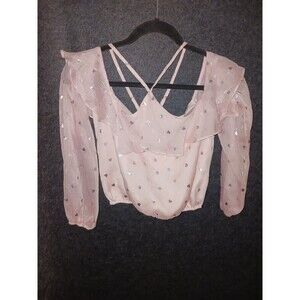 Lovers & Friends Pink Crop Top‎ Silver Hearts Chiffon Ruffle Blouse Womens XS